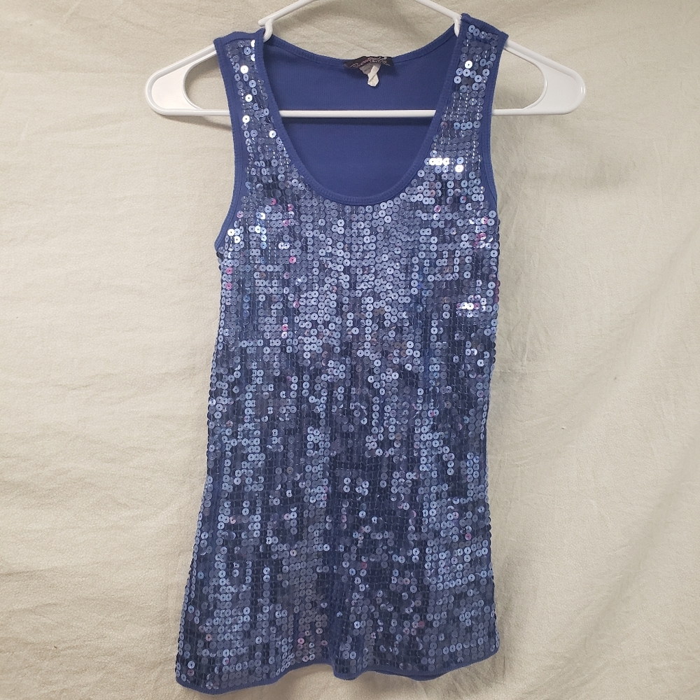 Y2K Blue sequin ribbed tank top, Womens Med Festive Summer Holiday Party